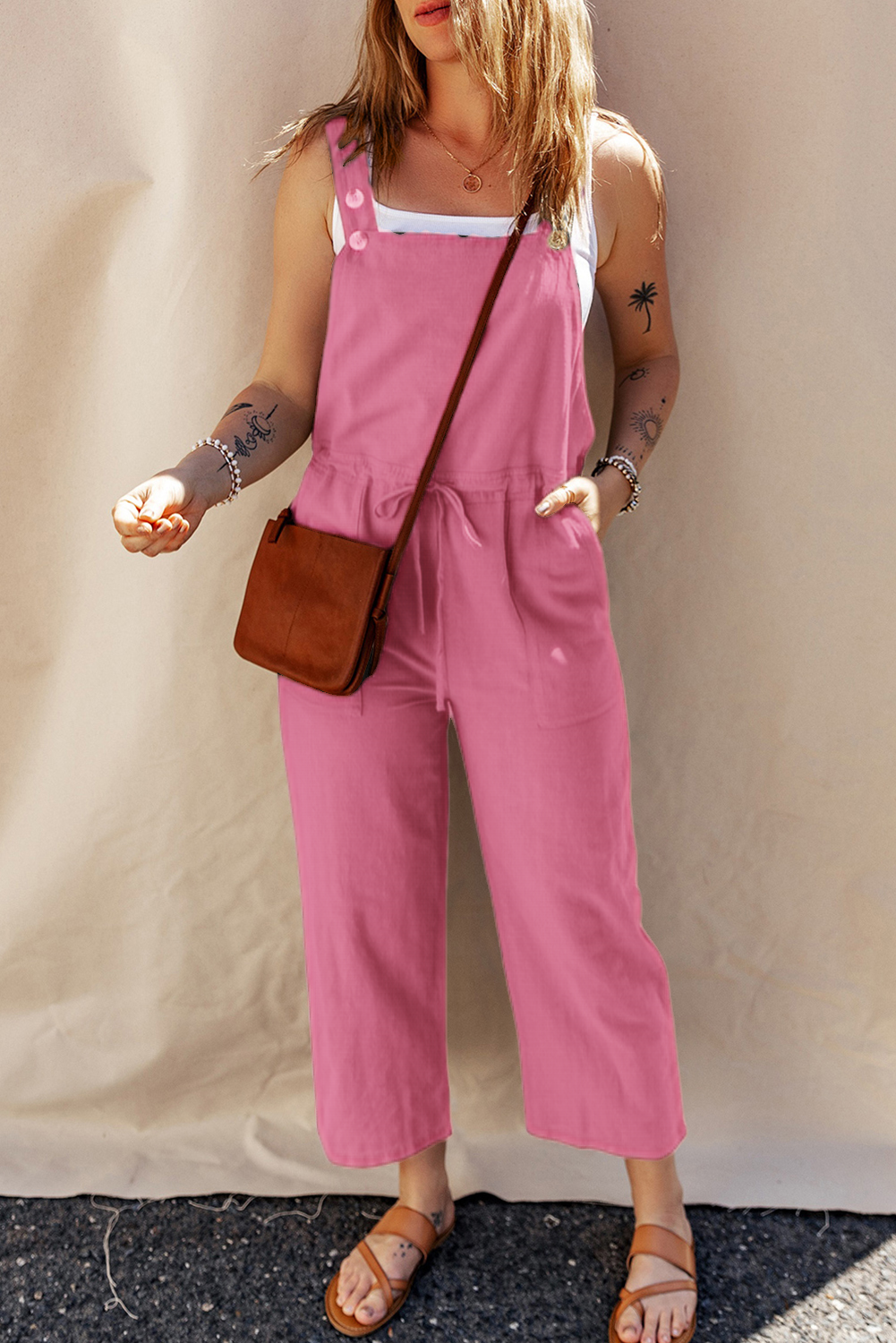 Drawstring Buttoned Straps Cropped Overall