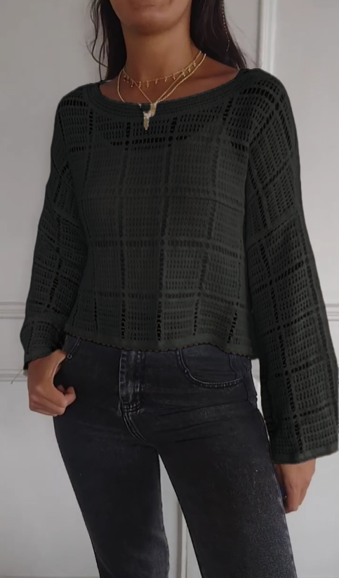 Solid color hollow lace short long sleeve top(Buy 2 get free shipping)