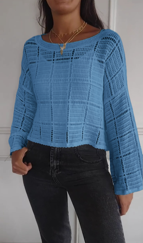 Solid color hollow lace short long sleeve top(Buy 2 get free shipping)