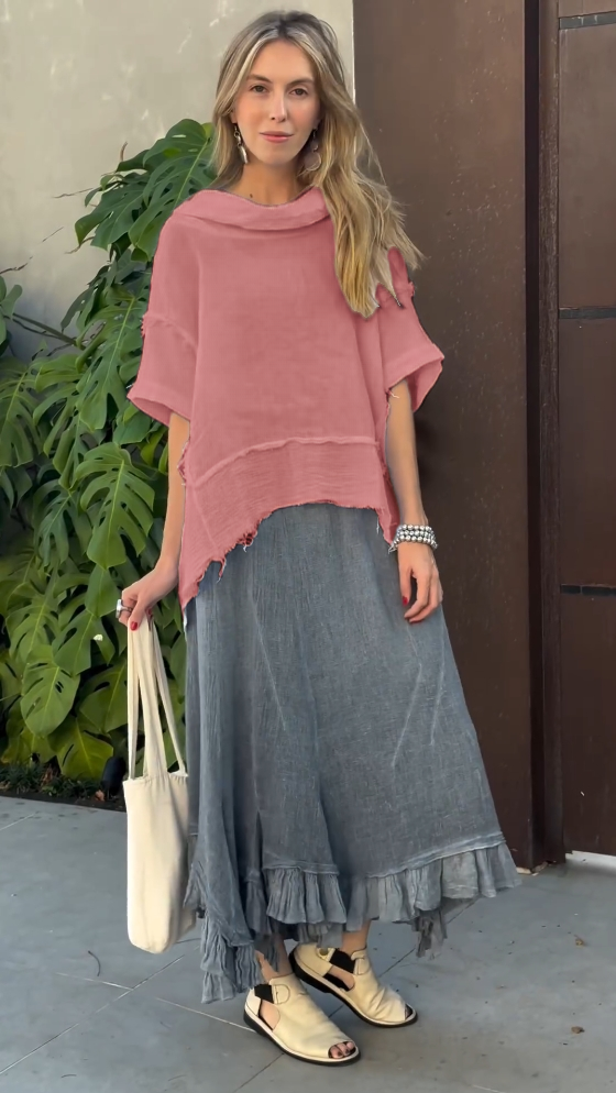 Cotton and linen loose short-sleeved top