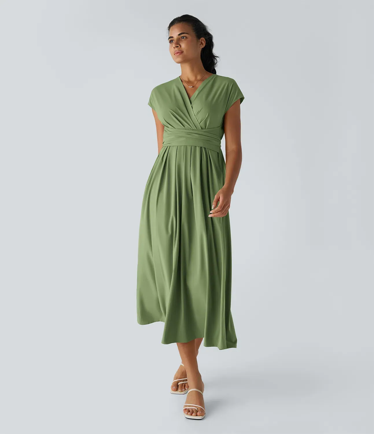 V-Neck Short Sleeve Side Pocket Tie Back Quick Dry Midi Casual Dress