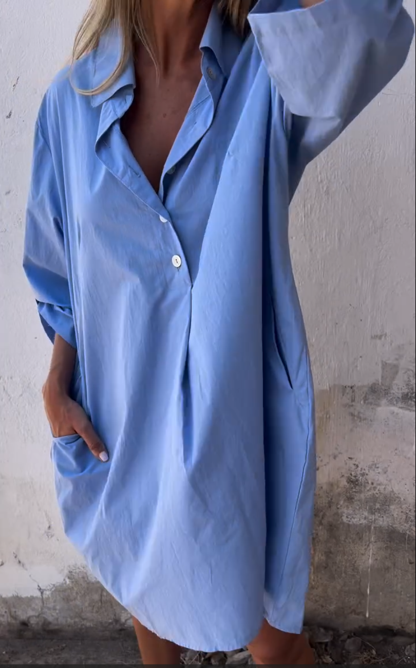 Long Sleeve Plain Casual Loose Shirt Dress