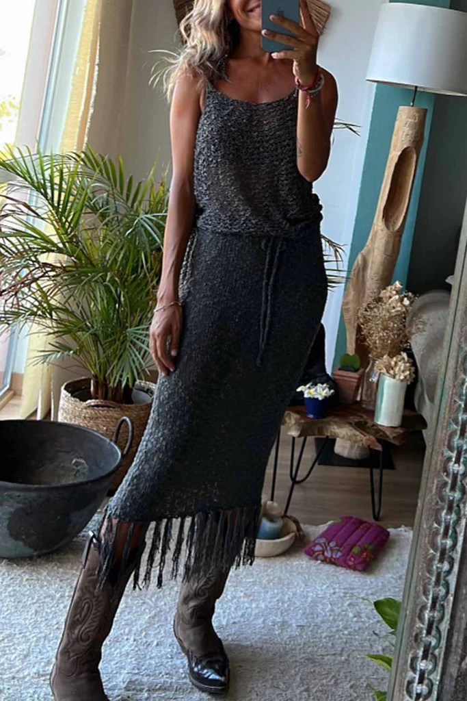 2024 Cutout Cami Tassel Midi Skirt Set