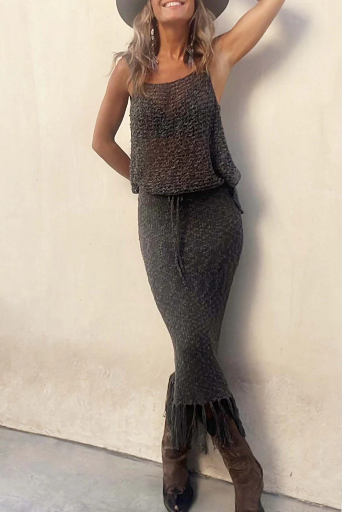 2024 Cutout Cami Tassel Midi Skirt Set