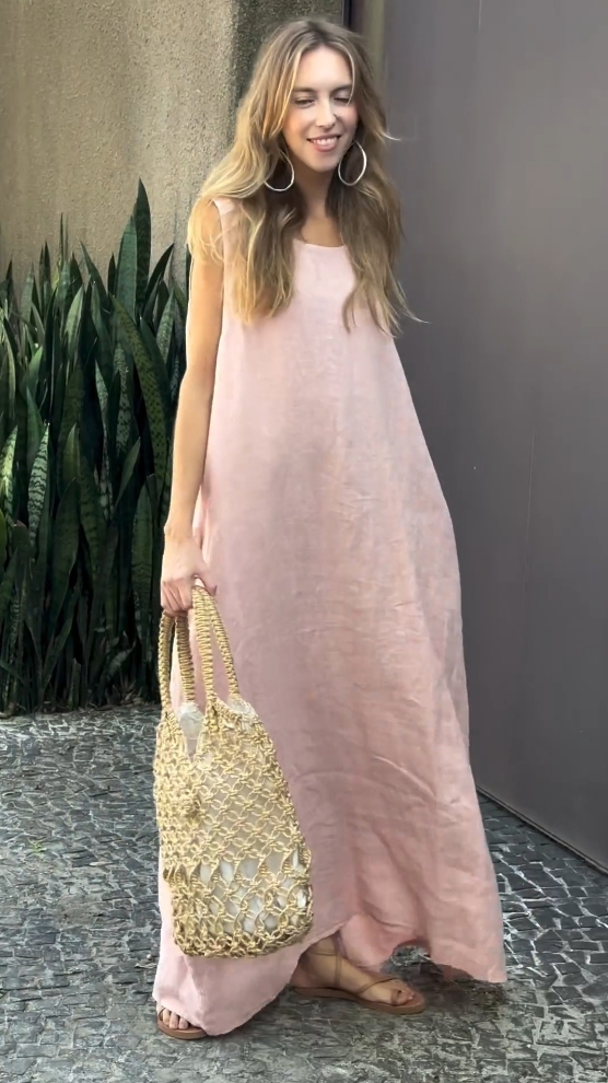 Cotton and linen casual sleeveless dress with pockets