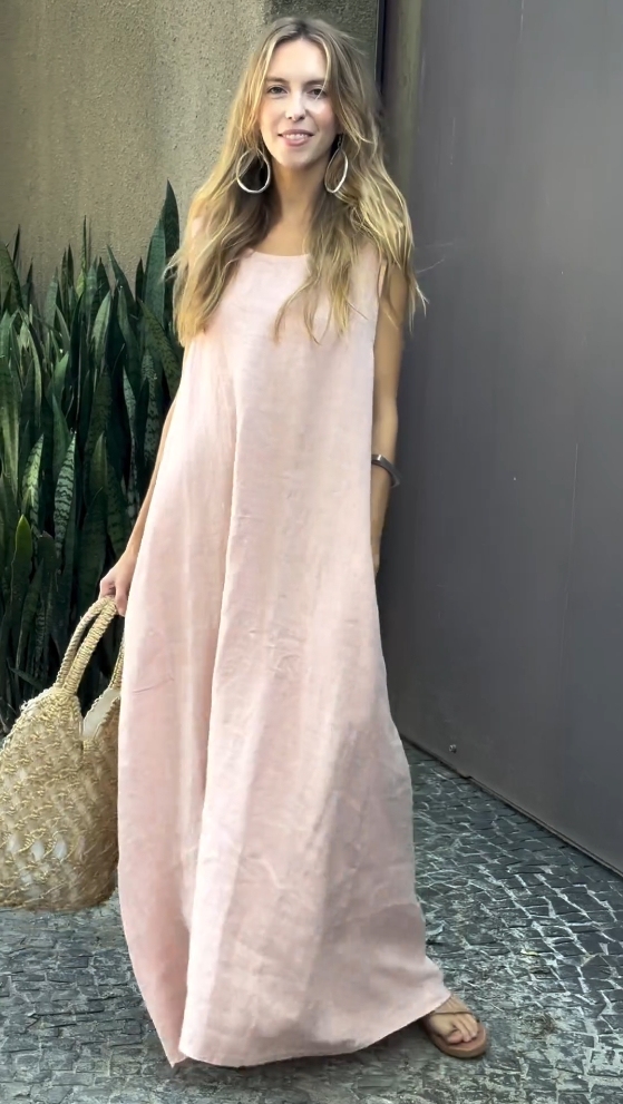 Cotton and linen casual sleeveless dress with pockets