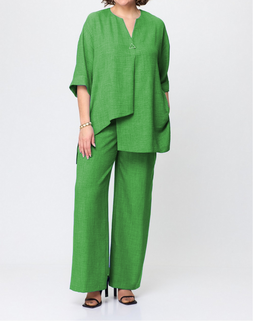 Elegant pure color cotton and linen two-piece suit