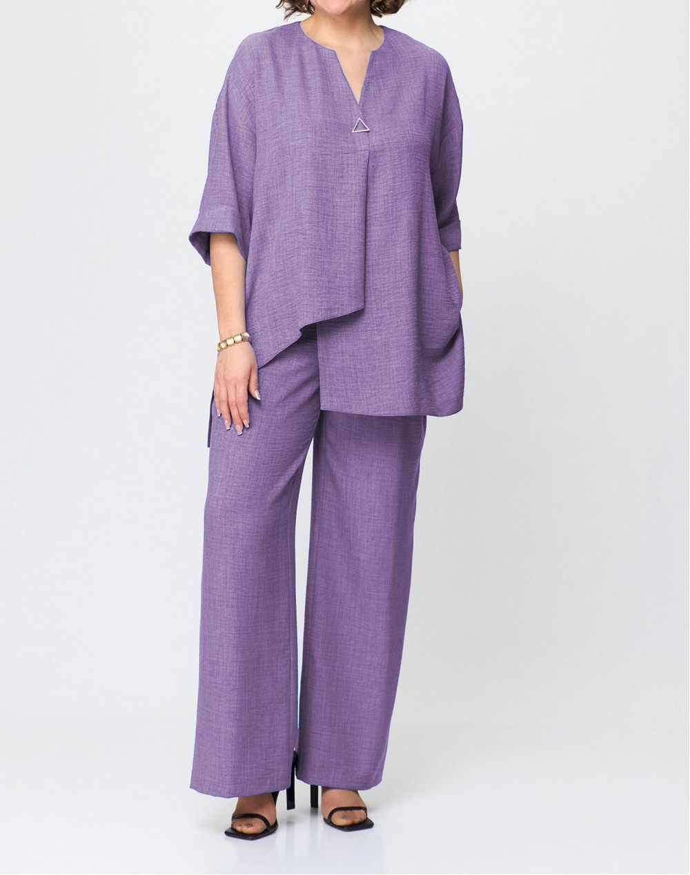 Elegant pure color cotton and linen two-piece suit