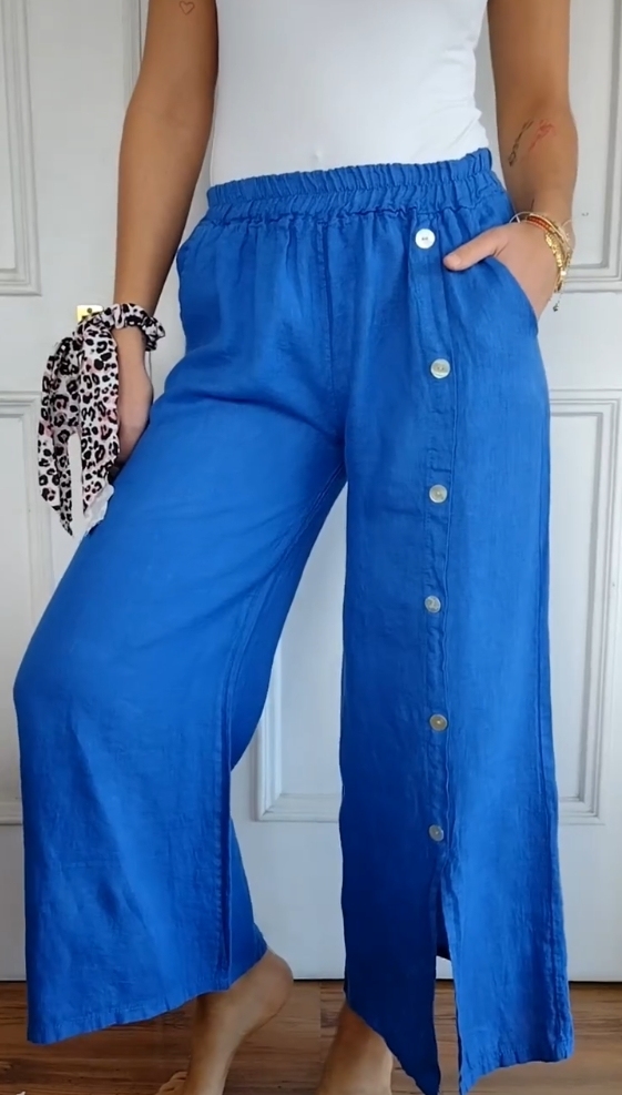 Cotton and Linen Single Breasted Elastic Waist Wide Leg Pants