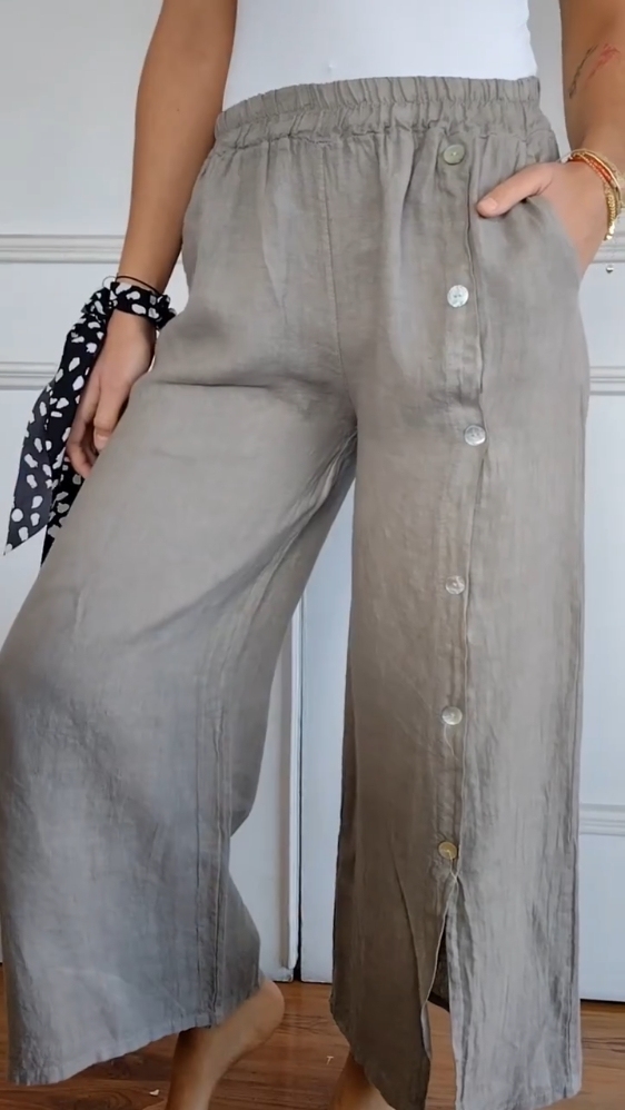 Cotton and Linen Single Breasted Elastic Waist Wide Leg Pants