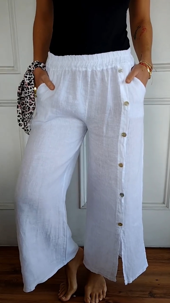 Cotton and Linen Single Breasted Elastic Waist Wide Leg Pants