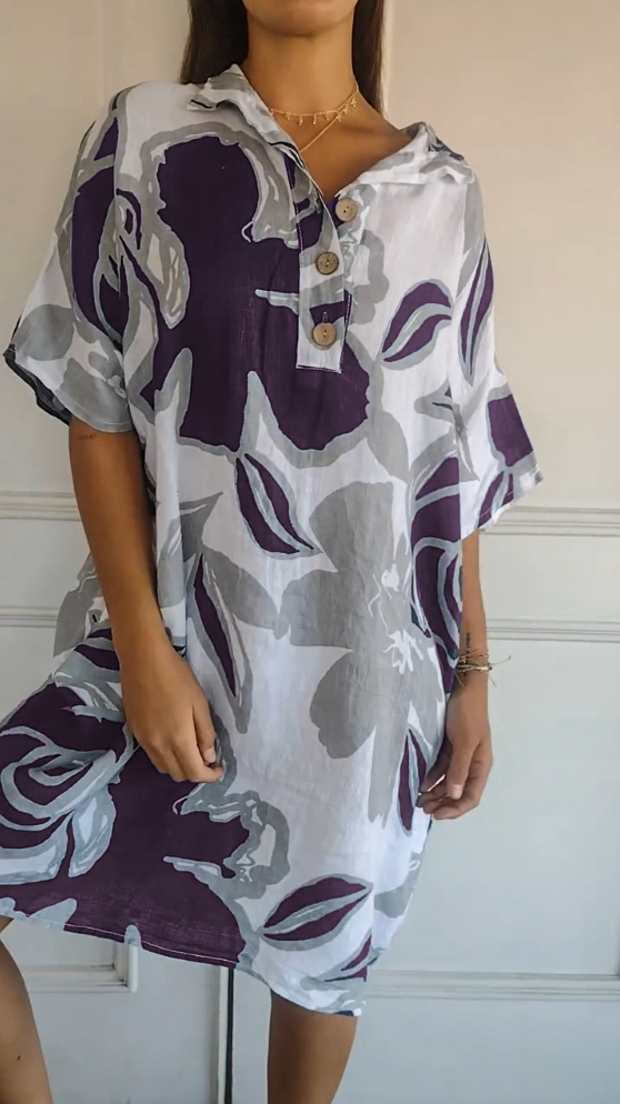 Lapel Printed Loose Shirt Dress