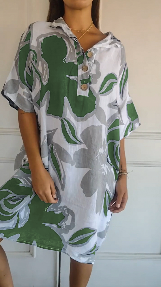 Lapel Printed Loose Shirt Dress