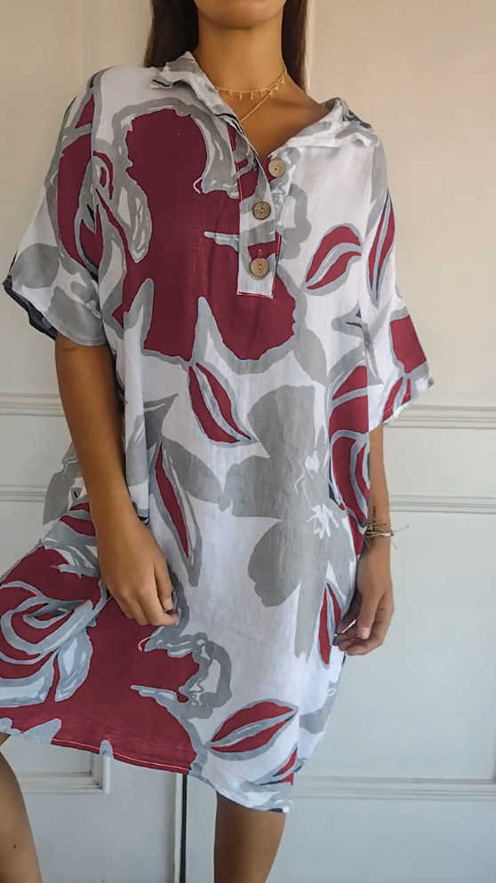 Lapel Printed Loose Shirt Dress