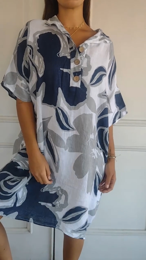 Lapel Printed Loose Shirt Dress
