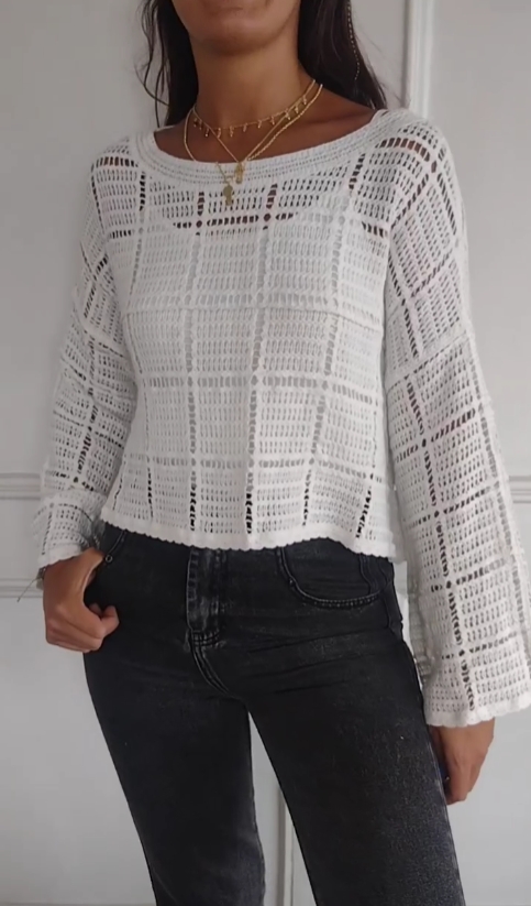 Solid color hollow lace short long sleeve top(Buy 2 get free shipping)