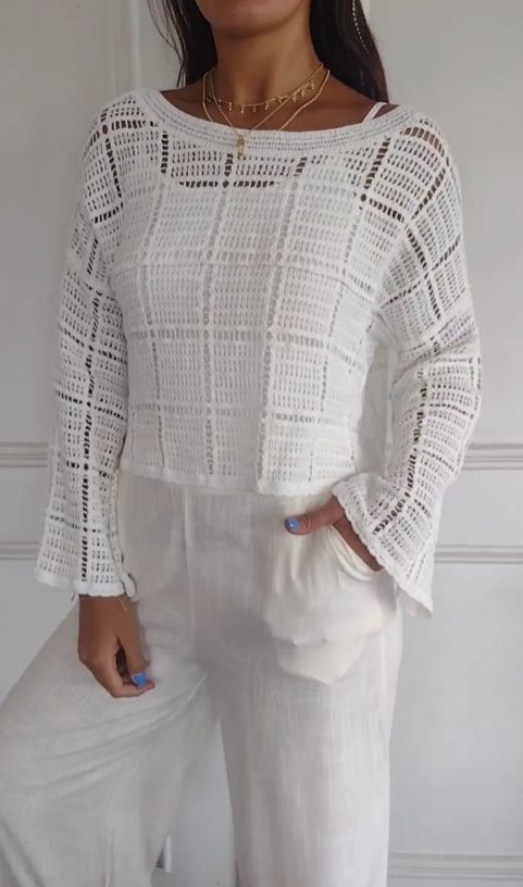Solid color hollow lace short long sleeve top(Buy 2 get free shipping)