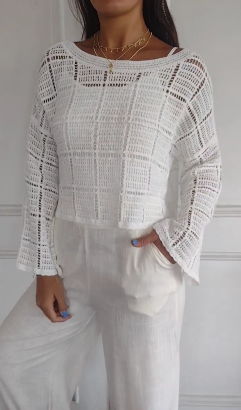 Solid color hollow lace short long sleeve top(Buy 2 get free shipping)