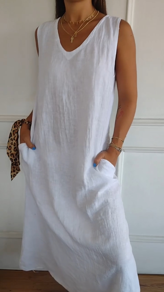 Solid Color Pocket Cotton and Linen Sleeveless Dress(Buy 2 get free sh
