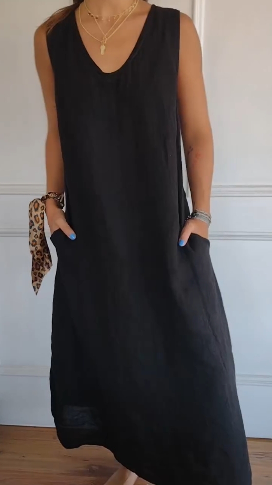 Solid Color Pocket Cotton and Linen Sleeveless Dress(Buy 2 get free shipping)