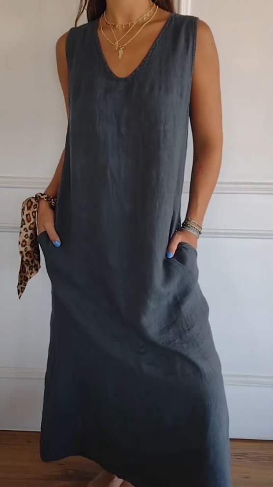 Solid Color Pocket Cotton and Linen Sleeveless Dress(Buy 2 get free shipping)