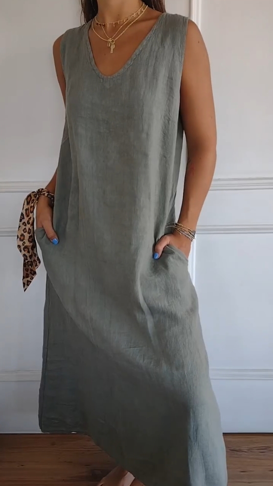 Solid Color Pocket Cotton and Linen Sleeveless Dress(Buy 2 get free shipping)