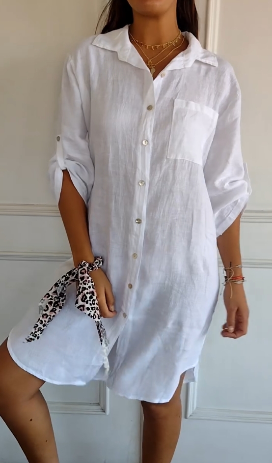 Cotton and Linen Single Breasted Solid Color Shirt Dress
