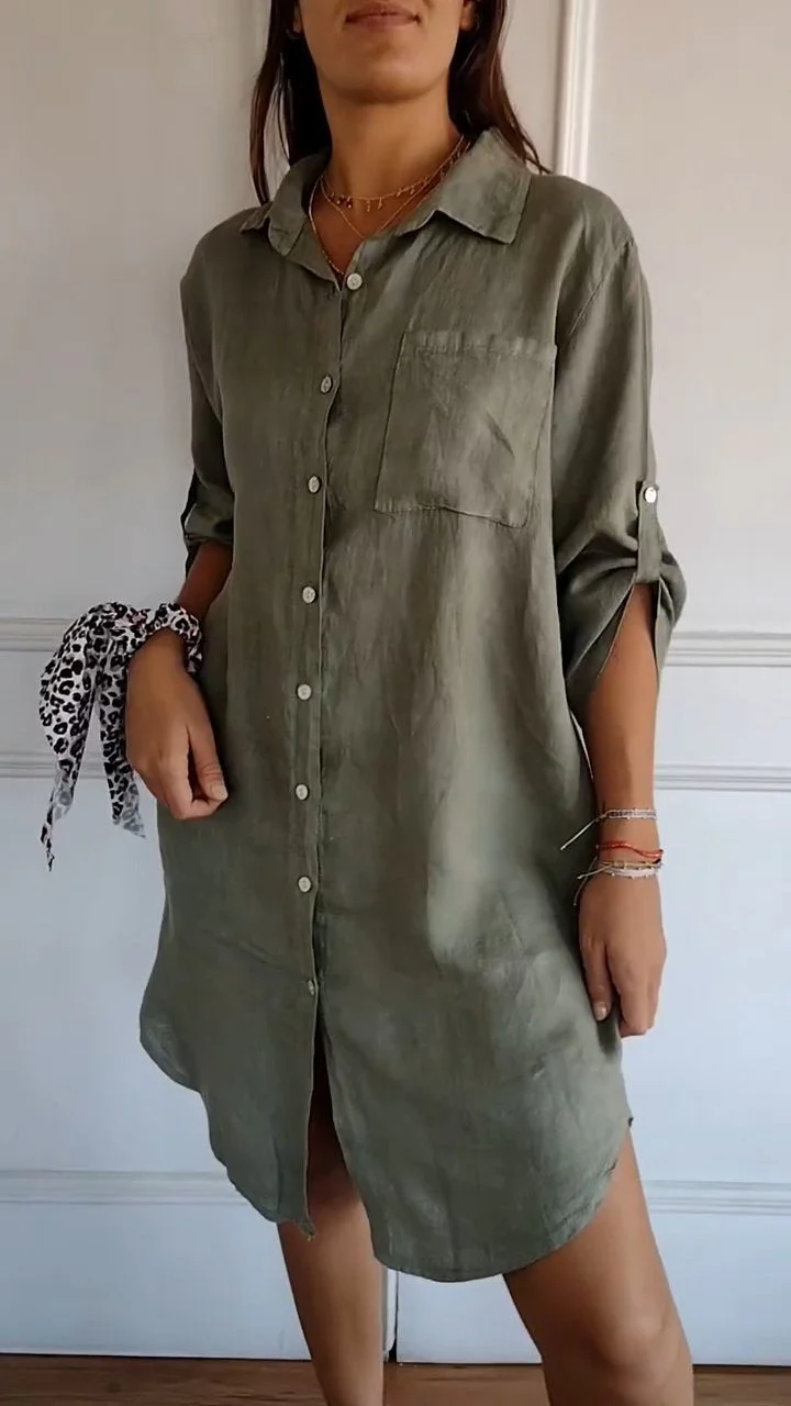 Cotton and Linen Single Breasted Solid Color Shirt Dress