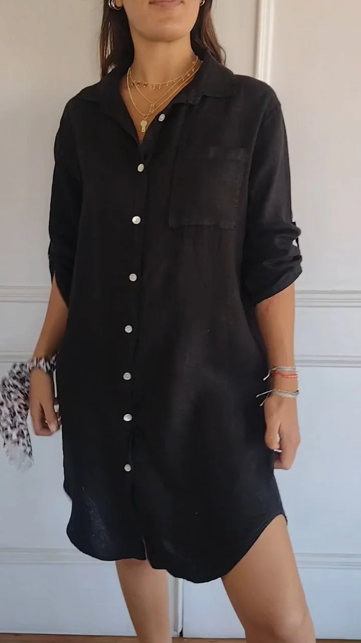 Cotton and Linen Single Breasted Solid Color Shirt Dress