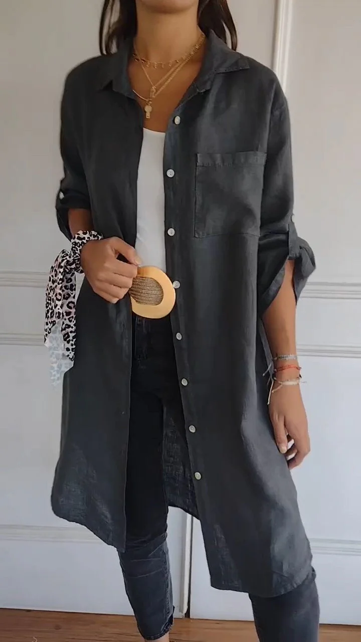 Cotton and Linen Single Breasted Solid Color Shirt Dress
