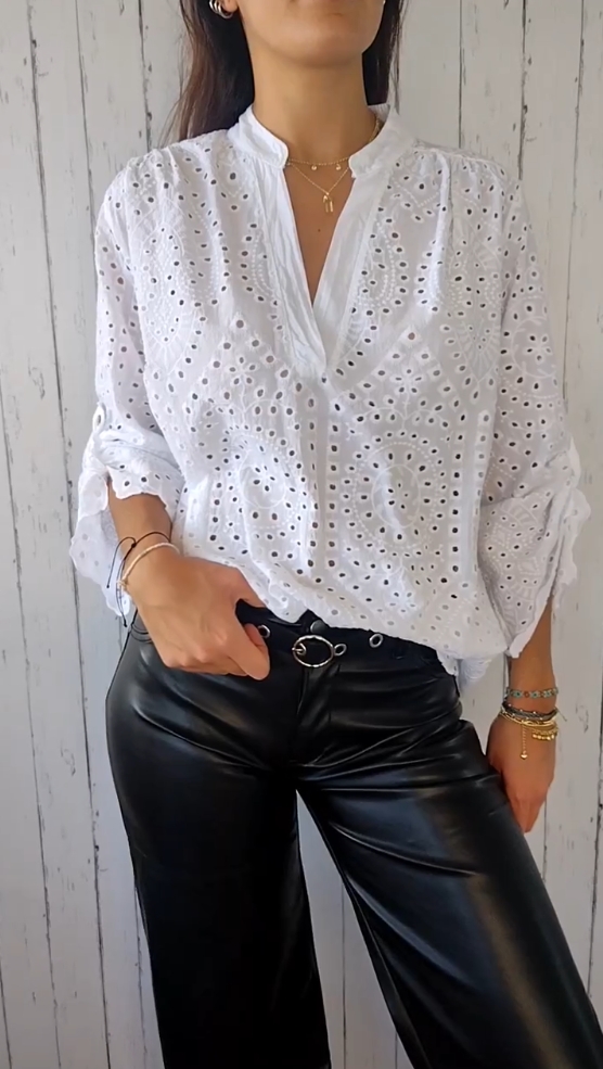 Hollow lace V-neck Solid Color Shirt（Buy 2 get free shipping）