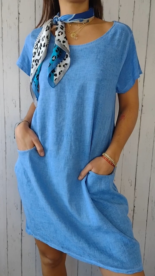 Round Neck Solid Color Cotton and Linen Short Sleeve Pocket Dress