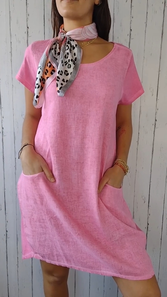 Round Neck Solid Color Cotton and Linen Short Sleeve Pocket Dress