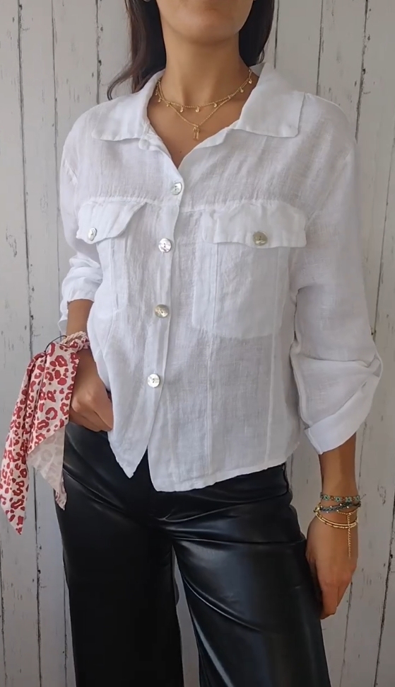 Single-breasted cotton and linen cropped shirt
