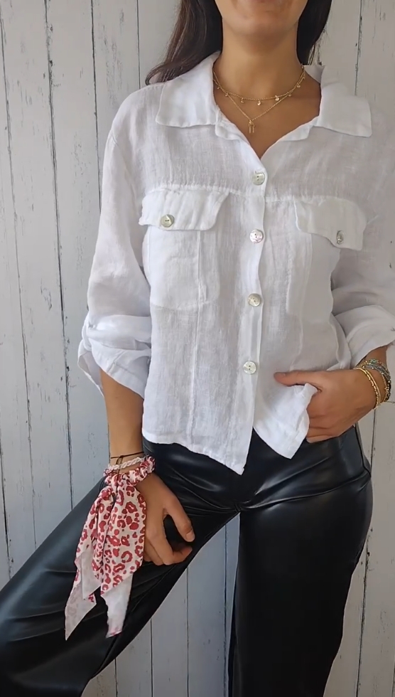 Single-breasted cotton and linen cropped shirt