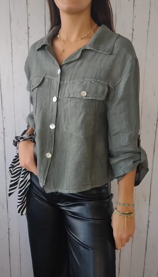 Single-breasted cotton and linen cropped shirt