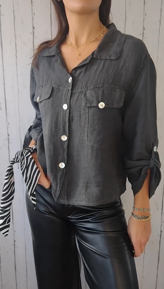 Single-breasted cotton and linen cropped shirt