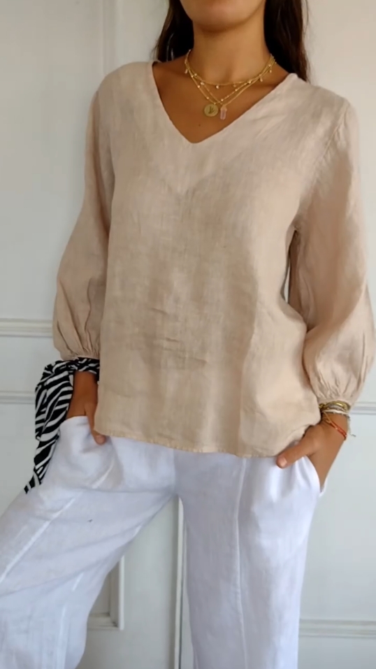 V-neck cotton and linen breathable solid color long-sleeved shirt
