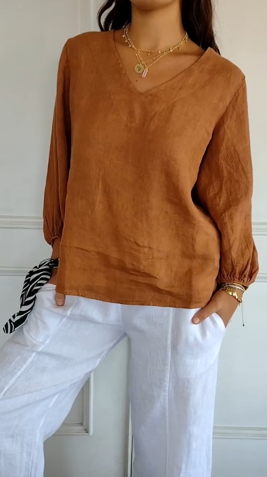 V-neck cotton and linen breathable solid color long-sleeved shirt