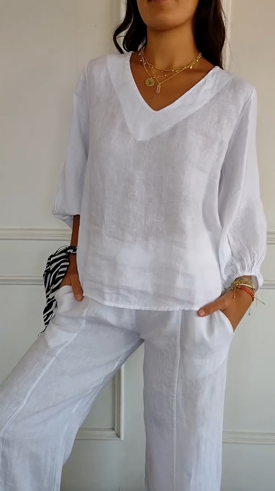 V-neck cotton and linen breathable solid color long-sleeved shirt