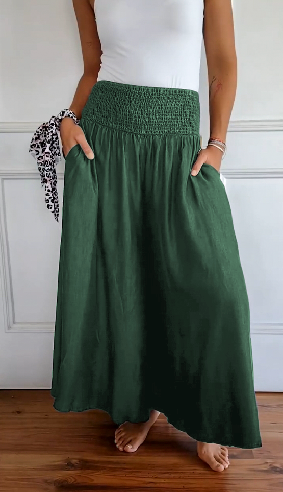 Cotton and Linen Elastic Waist Solid Color Wide Leg Pants
