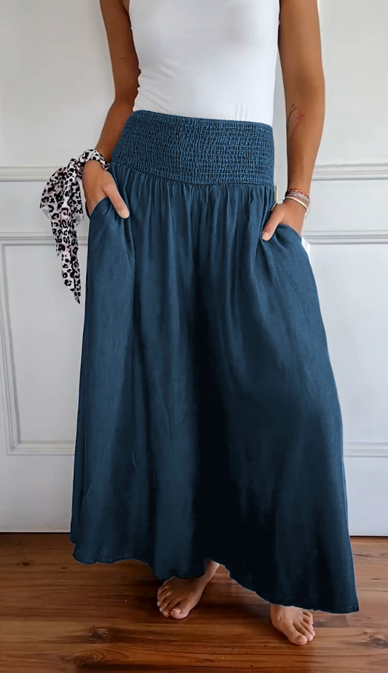 Cotton and Linen Elastic Waist Solid Color Wide Leg Pants