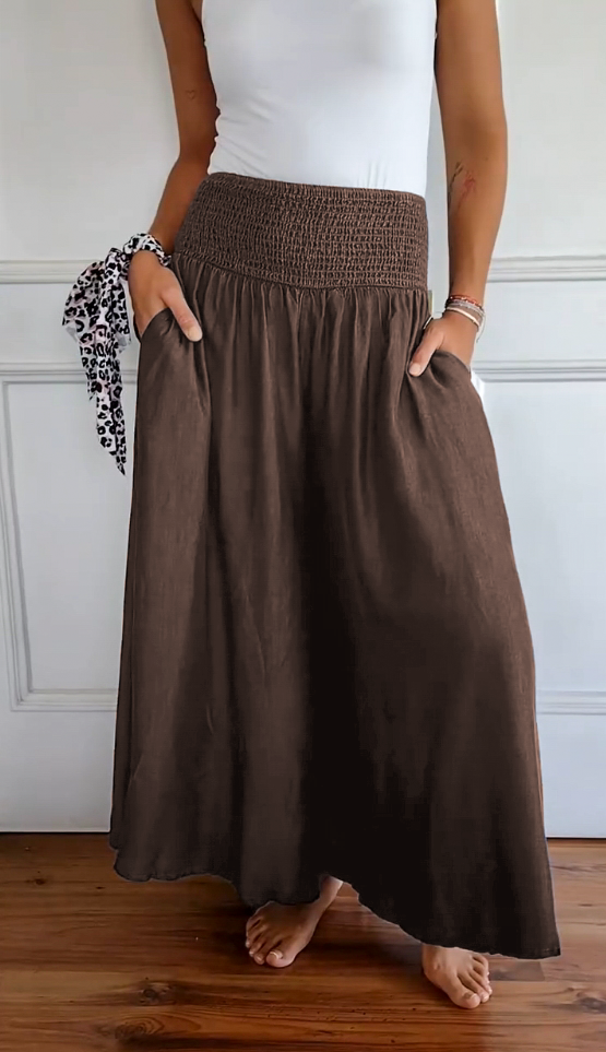 Cotton and Linen Elastic Waist Solid Color Wide Leg Pants