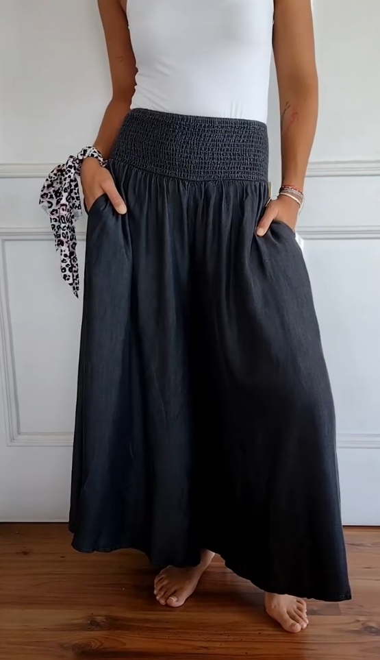 Cotton and Linen Elastic Waist Solid Color Wide Leg Pants