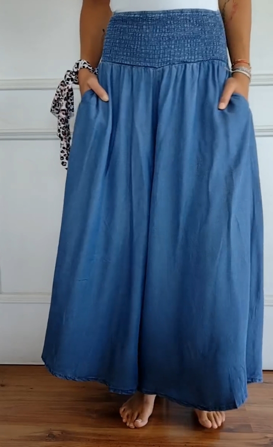 Cotton and Linen Elastic Waist Solid Color Wide Leg Pants