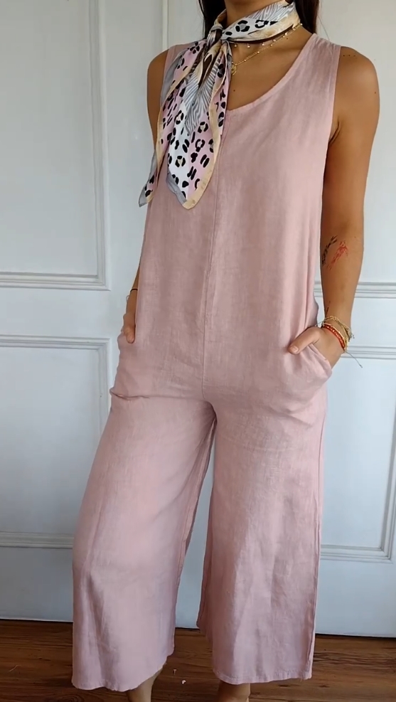 Linen Solid Sleeveless Vest Jumpsuit