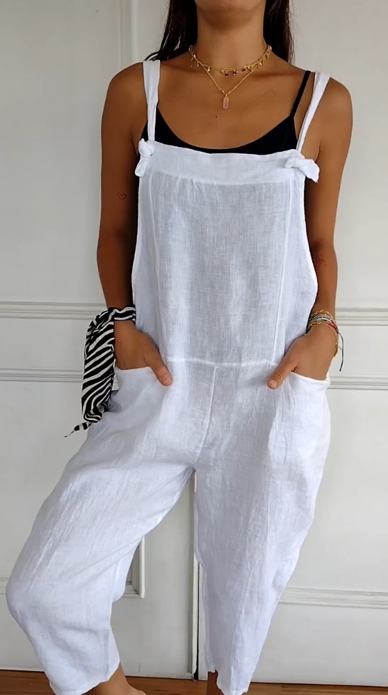 Solid Color Casual Linen Pocket Jumpsuit