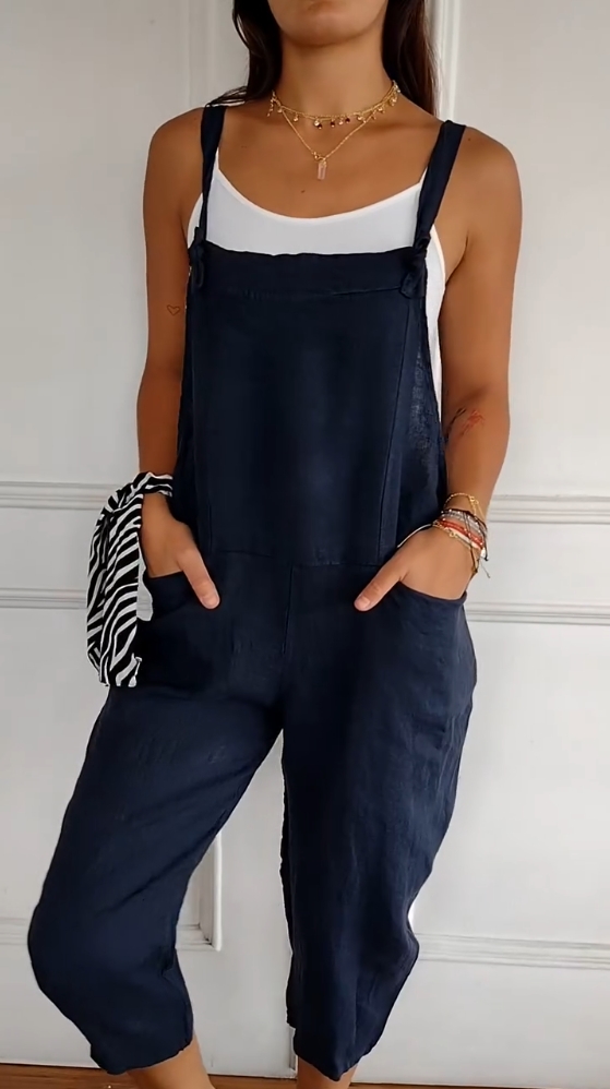 Solid Color Casual Linen Pocket Jumpsuit