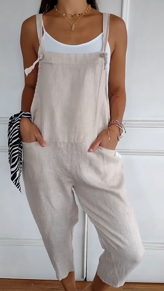 Solid Color Casual Linen Pocket Jumpsuit