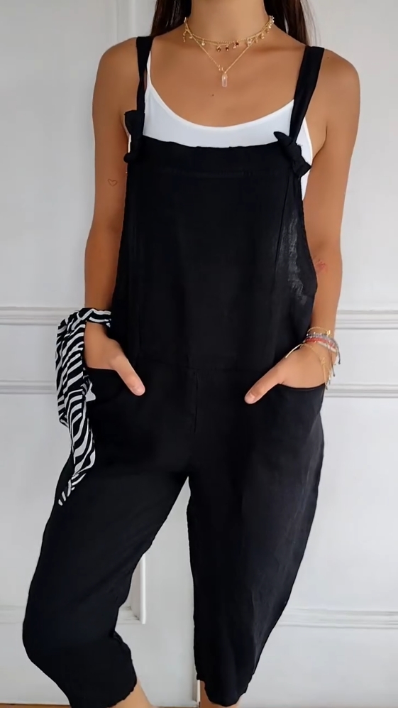 Solid Color Casual Linen Pocket Jumpsuit